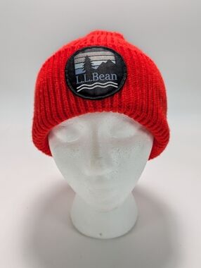 L.L. Bean Orange Wide Cuff Ribbed Knit Beanie with Patch
